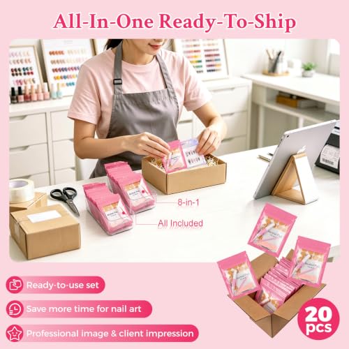 20 Sets 7-in-1 Press On Nail Prep Kit, Nail Prep Application Disposable Kit - color: Pink