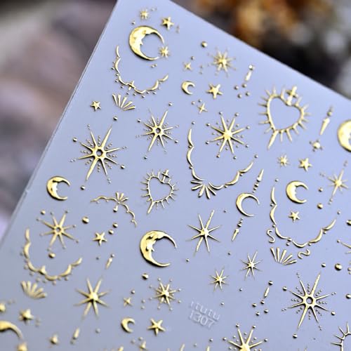 1 Sheet Gold Moon Star Nail Sticker for Nail Art Gold Nail Art Stickers Luxury Nail Decals for Nails Designs 5D Embossed Moon Heart Nail Art Sticker Nail Supplies Nail Decor for Women DIY Manicure - style: gold stars