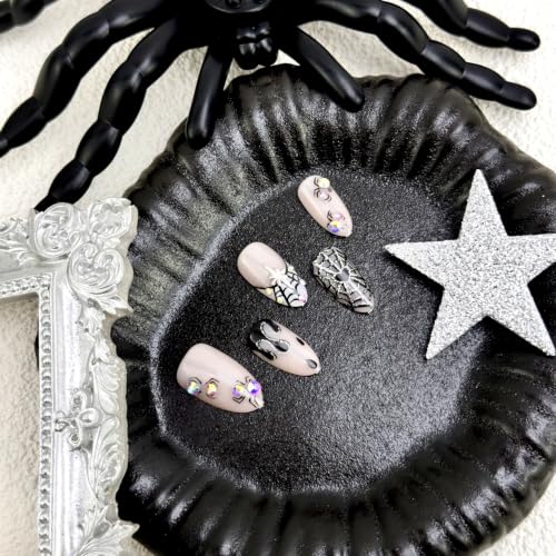 Halloween Press on Nails Medium Almond Fake Nails Spider Web Gothic Art - color: Halloween Press on Nails 02