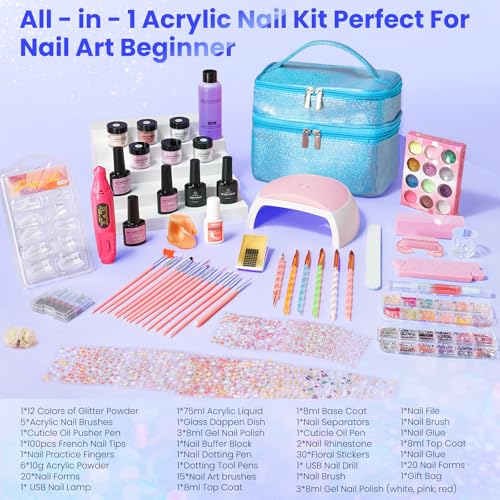 Nail Kit for Beginners, Acrylic Powder Liquid Set with Drill UV Lamp, Blue - color: Bling Blue