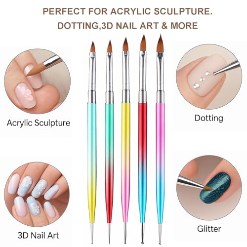 Dual-Ended Nail Art Brush & Dotting Pen Set - 5PCS Metal Rainbow Nail Brushes for Acrylic Gel, 3D Design, Extension, Manicure - Professional DIY Home Salon Tools