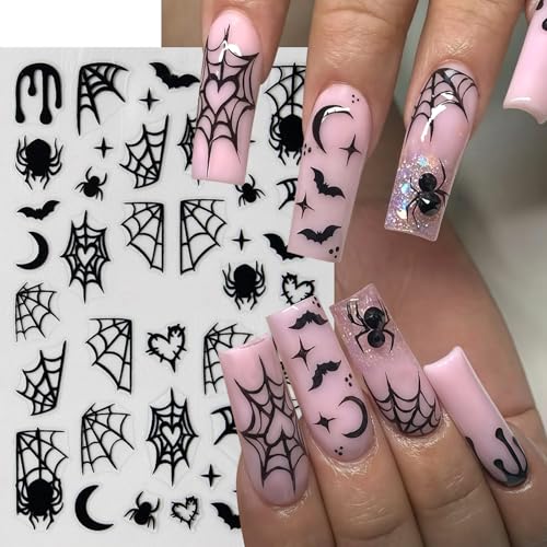 6 Sheets Halloween Spider Web Nail Stickers Spider Nail Stickers for Nail Art 3D Self-Adhesive Ghost Nail Decals Black White Spiders Web Bat Silver Glitter Black French Nails Design Supplies for Women - style: bats