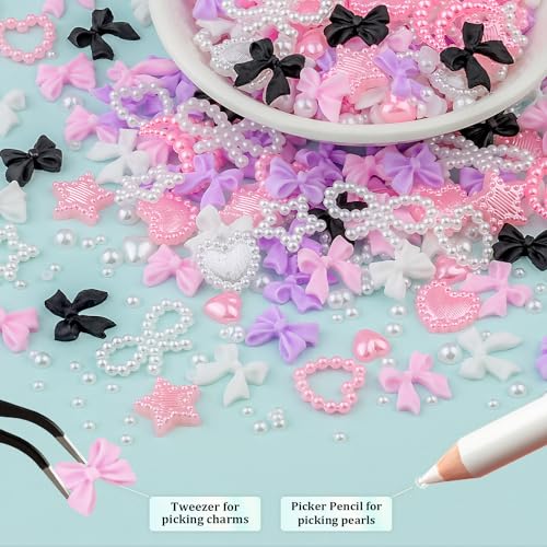 600 Pcs 3D Nail Bow Charms and Flatback Pearls Nail Charms Set 7 - color: Set 7- 4 Colors A+B Style