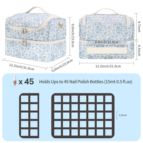 CUBETASTIC Nail Polish Organizer, Nail Supplies Storage Case Holds 45 Bottles Nail Polish & Nail Lamp, Travel Nail Tech Carrying Bag, Nail Kit Bag For Nail Stuff & Manicure Tools - color: Blue Floral, size: 45 Slots