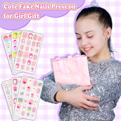 144 Pcs Press on Nails for Kids, Girls Fake Stick ons Acrylic Nails Gift Set