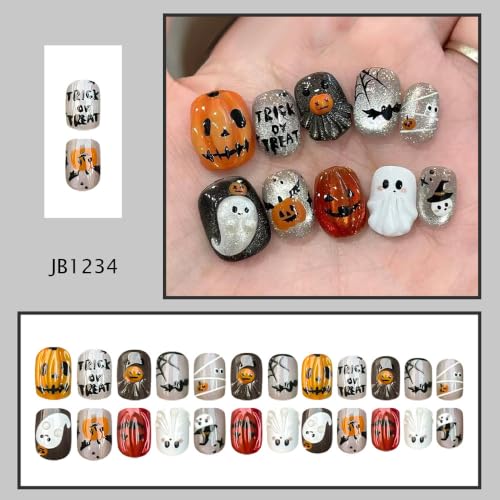 Halloween Press On Nails, Short Square Ghost Pumpkin Design - color: style 01