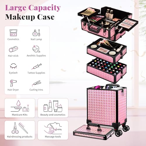 AROUS 5 in 1 Rolling Makeup Train Case with Lid Cosmetology Case on Wheels - color: Pink