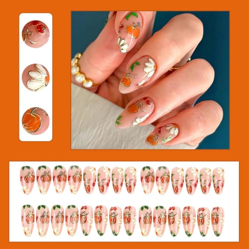 Fall Press on Nails Almond, Gilded Pumpkin Daisy Leaf, Medium - color: Style-35