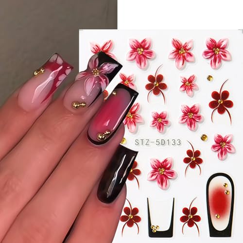 Flowers Nail Art Stickers Decals 5D Embossed Self-Adhesive Summer Flowers Nail Stickers French Tip Design Nail Decals Spring and Summer Flower Sticker for Women DIY Manicure Decoration Supplies - style: Flowers