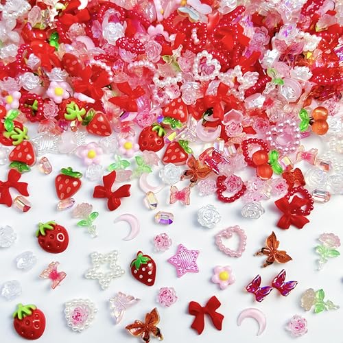 150 Pcs 3D Resin Strawberries Butterfly Flower Nail Charms Rose Heart Moon Nail Rhinestones Flatback Bow Cherry Nail Art Charms Bow Charms for Nails Design Moon Star Nail Jewels for Nail Art Supplies - color: pink