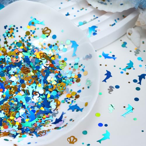 1 Bag Ocean Dolphin Nail Glitter Sequins, Holographic Blue Sea Shell Seahorse Starfish Nail Art Flakes, Laser Mixed Round Dot Confetti Nail Decorations for Acrylic UV Gel Manicure DIY Crafts - color: Blue