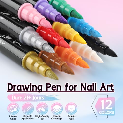 TOROKOM 12 Colors Nail Art Pens Set, Nail Art Markers 3D Nail Polish Pens - color: 12 Color Dual-Ended A