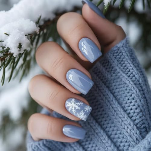 Winter Press on Nails Short Square Fake Nails Snowflake Blue Designs 24Pcs - color: 27