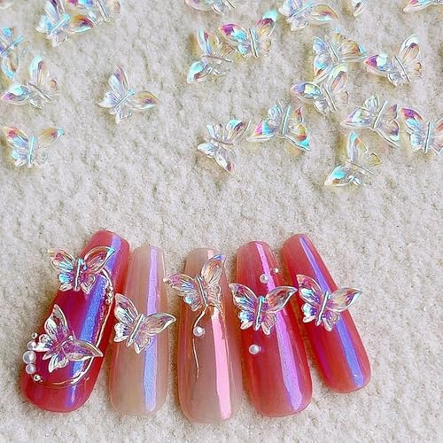 100Pcs 3D Butterfly Nail Charms - Aurora Effect Resin Nail Art Decorations, Cute Kawaii Nail Art Charms for Acrylic Nails DIY, Manicure Supplies for Women Girls
