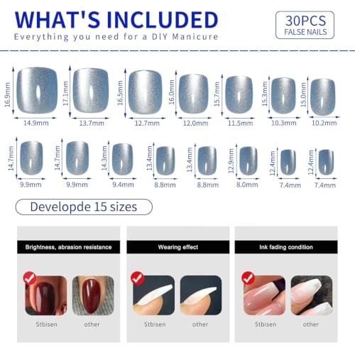 Light Blue Press On Nails Square – Short Cat Eye Fake Nails 30PCS - color: M02-Aurora Mist