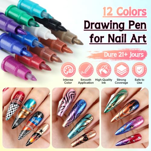 12 Colors Nail Art Pens Set, TOROKOM Nail Art Markers 3D Nail Polish Pens - color: 12 Color-I