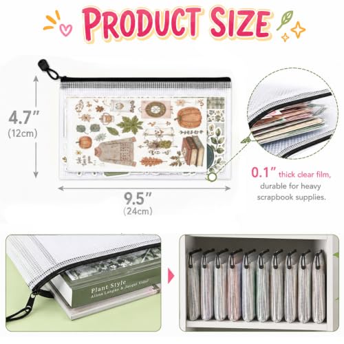 12 Pcs Sticker Storage Organizer Clear Zipper Pouches (9.5×4.7 Inches) - size: 9.5x4.7inch