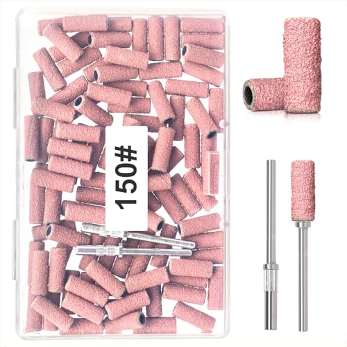 Small Sanding Bands for Nail Drill, 100pcs Mini Bands 150 Fine Grit Nail File Sanding Bands with Upgrade 2pcs 3/32'' Mandrels Bits, for Acrylic Nail Gel Removal, Plastic Polishing Manicure, Pink - size: 100Pcs 150 Grit-Pink