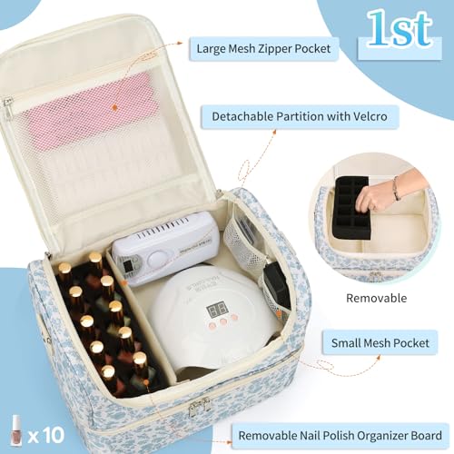 CUBETASTIC Nail Polish Organizer, Nail Supplies Storage Case Holds 45 Bottles Nail Polish & Nail Lamp, Travel Nail Tech Carrying Bag, Nail Kit Bag For Nail Stuff & Manicure Tools - color: Blue Floral, size: 45 Slots