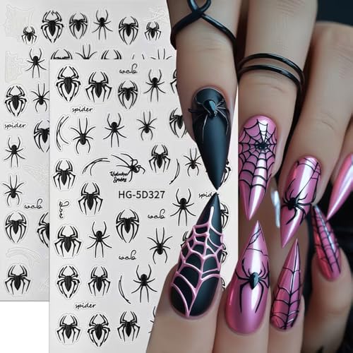 8 Sheets Halloween Nail Art Stickers Spider Nail Decals 3D Self-Adhesive Black and White Spider Web Spiders Nail Sticker Halloween Holiday DIY Salon Manicure Decoration Stickers for Women - style: Cute