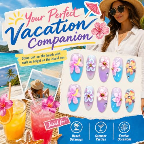 10Pcs Almond Press on Nails, Tropical Hibiscus Flower Design, Blue and Lavender Ombre Fake Nails with 3D Rhinestones, Summer Beach Floral Glossy Glue on Nails for Women - color: Blue and Purple Ombre, size: S