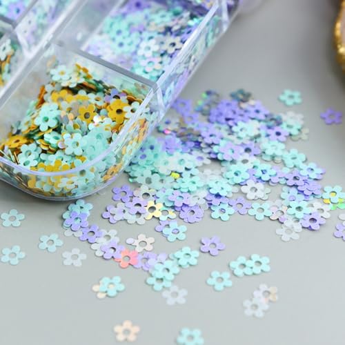 1 Box 6 Color Holographic Flower Nail Glitter Laser Aurora Pink Nail Sequins 3D Blue Purple Nail Flakes Sparkly Powder Flakes Shiny Nail Glitter Colorful Nail Sequins Glitter for Nails Art 12 Grids - color: Color 34