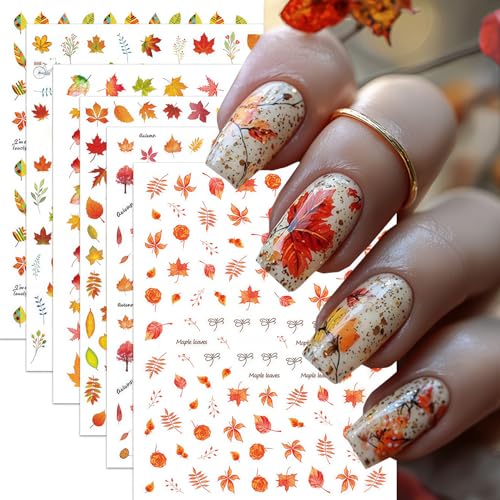 6 Sheets Thanksgiving Day Nail Art Stickers Fall Maple Leaf Nail Decals 3D Self-Adhesive Autumn Maple Leaves Nail Stickers Holiday Nails Sticker for DIY Nails Decoration Accessories - style: Maple Leaf