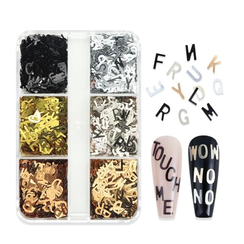 1 Box 6 Color Holographic Letter Nail Glitter Laser Ombre Alphabet Nail Sequins 3D Gold Nail Flakes Sparkly Glitter Flakes Shiny Nail Art Glitter Sequence Letters Nail Sequins Glitter for Nails Art - color: YHN20