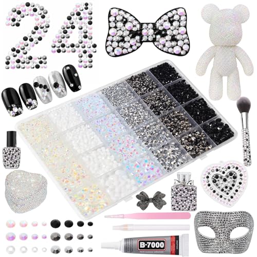 24Grid Black White Rhinestones Kit 3-6mm, Flatback Gems for Bedazzling - color: S3