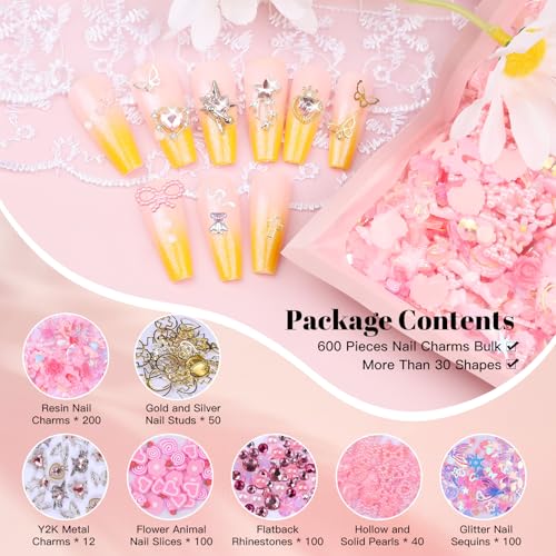 650PCS Cute 3D Resin Nail Charms and Gems Pink Flower Bow Butterfly Charms - color: Pink