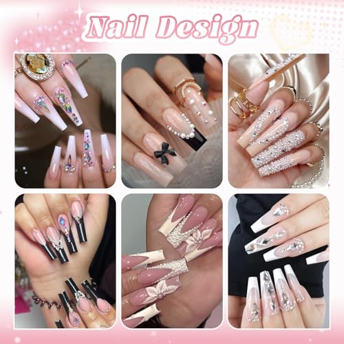 Nail Rhinestones Flatback Pearls Charms and Nail Beads for Nails with Glue - color: 14 2 Boxes Nail Art Decos Set 35+Glue