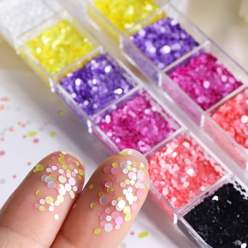 1 Box 6 Color Holographic Round Nail Glitter Laser Circle Nail Sequins 3D Pink Nail Flakes Sparkly Glitter Flakes Shiny Nail Art Glitter Valentine's Day Nail Sequins Glitter for Nails Art 12 Grids - color: YHN15