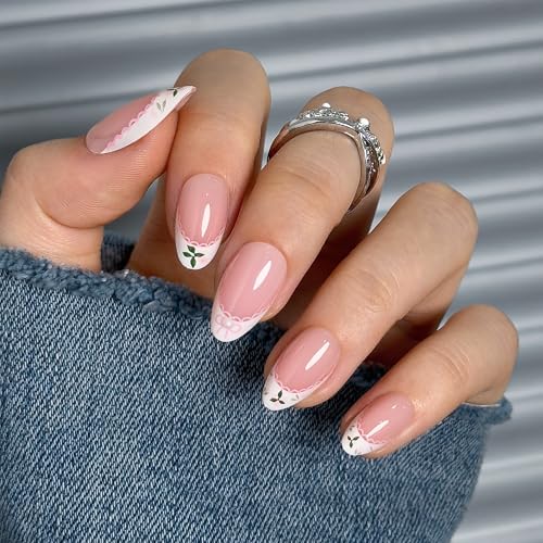 CurvLife Medium Almond Lace Floral Press On Nails, Lace Bloom Nude White - color: A7 - Lace Bloom