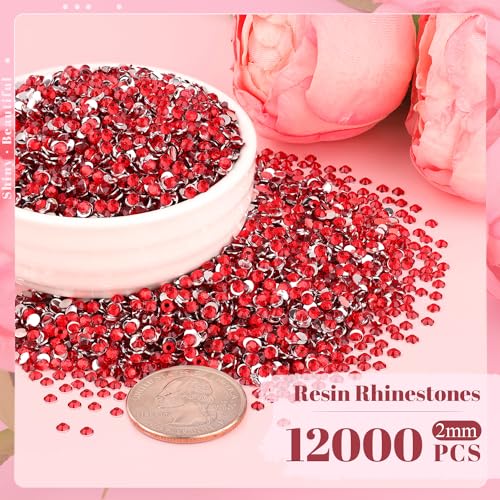 12000PCS 2mm Resin Rhinestones Bulk for Crafting (Red), Flatback Bedazzling Crystals for Crafts DIY Nail Decoration, Gems Charms for Tumbler Shoes Clothing Fabric with Pickup Pen and Tweezers - color: B06 Resin Rhinestones (Red), size: 2mm