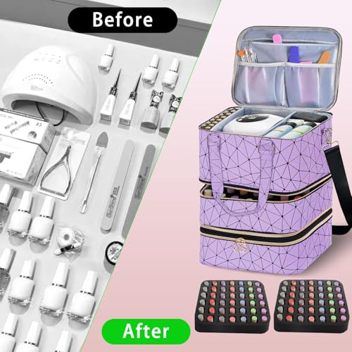 DHXYZZB Nail Polish Organizer Storage Bag - Holds 84 Bottles (15ml/0.5fl.Oz) & Manicure Tools & UV Lamp, 3 Layers Detachable PU Leather Nail Kit Storage Case, Large Travel Nail Supplies Shoulder Bag - color: Purple