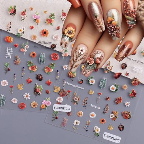 2 Sheets Maple Leaf Nail Art Sticker 5D Embossed Thanksgiving Pumpkin Nail Stickers Pinecone Rose Ginkgo Leaf Design Nail Decals for Women Autumn Manicure Decoration - style: Pumpkin