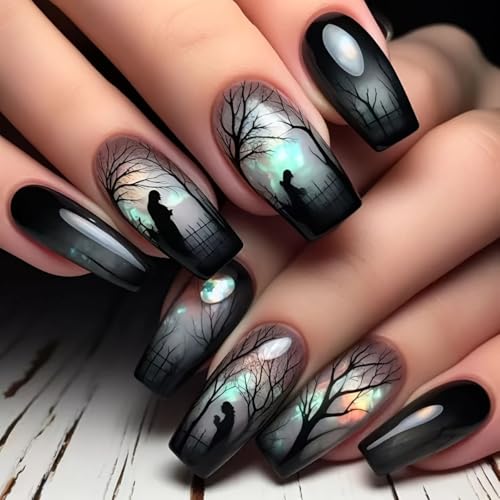 24Pcs Halloween Forest Press on Nails Medium Coffin Fake Nails with Woitch Designs Halloween Glue on Nails Black Reusable Scholar False Nails for Women Girls - color: Halloween style 19