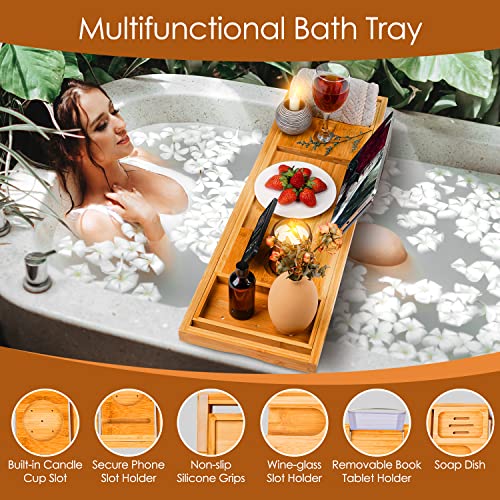 Foldable Bathtub Tray Caddy with Soap Dish Adjustable 29.5-43''Beige - color: Beige