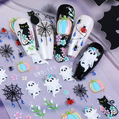 6Pcs Halloween Nail Stickers 5D Spider Web Cat Ghost Flower Design Sticker - color: Style 3