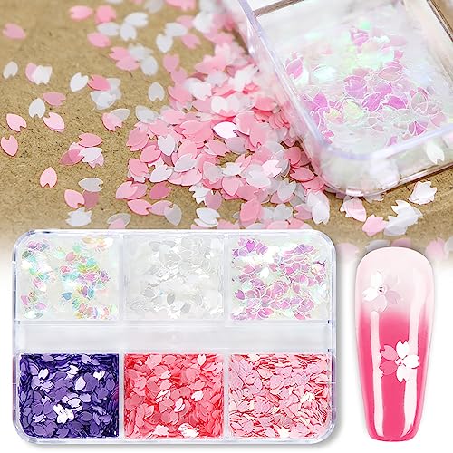6 Colors 3D Cherry Blossom Petals Holographic Nail Glitter Sequins for Nail Art Design DIY Acrylic Nail Supplies Decoration Charms Women - color: 6 colors