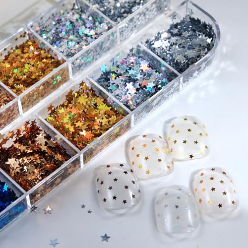 12 Boxes Spring Laser Star Nail Art Glitters Colorful Star Nail Sequins Set, Spring Laser Nail Decor Accessories Mini 3D Stars Nail Decals Holographic Glitters for Women Manicure - color: Laser Star