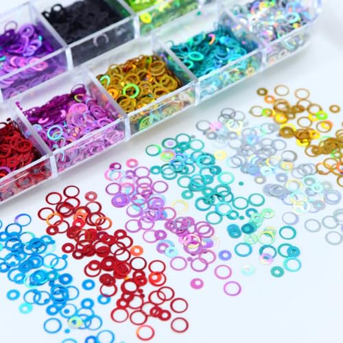1 Box 12 Color Holographic Hollow Circle Nail Glitter Red Purple Nail Sequins 3D Laser Silver Nail Flakes Sparkly Powder Flakes Shiny Nail Glitter Colorful Nail Sequins Glitter for Nails Art 12 Grids - color: Color 7