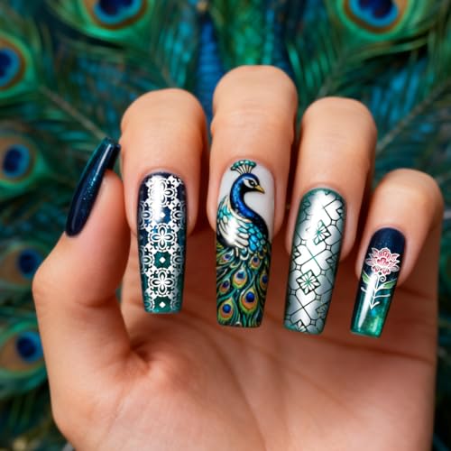 PH PandaHall 3pcs Peacock Nail Stamping Plates Chinese Pattern Nail Art Plates Cloud Geometric Nails Image Plates Feathers Flowers Manicure Design Stamp for Women Manicures Salon DIY Printing Gift - style: Peacock