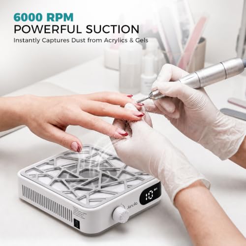 Janolia Nail Dust Collector, Cordless 6000RPM Nail Vacuum, 10-Speed Adjustable Nail Dust Extractor Machine with 30Pcs Filter Papers for Salon & Home