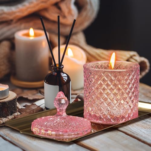 Joeyan 18 oz Light Pink Glass Jars with Lid,Embossed Colored Candy Dishes - color: Light Pink