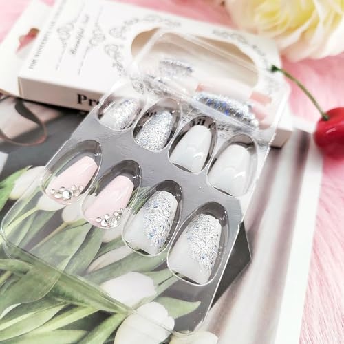 24Pcs Sequins Press on Nails Short Coffin Fake Nails with Rhinestones Glitter Gradient Full Cover Designs Nails Press ons Pink White Glue on Nails Reusable Stick on Nails for Women - color: pink white-2