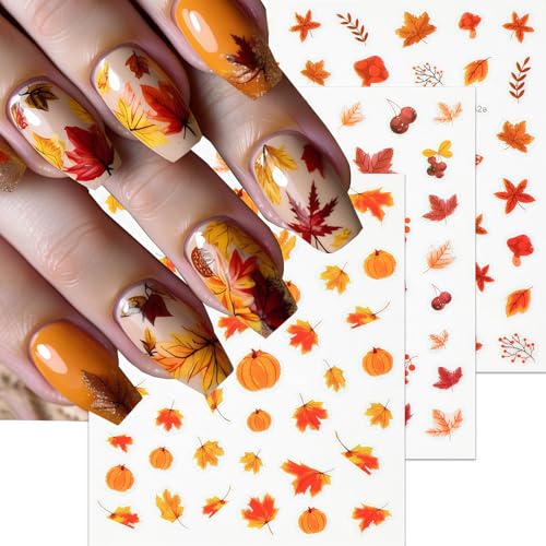 6 Sheets Autumn Nail Art Stickers Fall Maple Leaves Nail Stickers 3D Self-Adhesive Thanksgiving Pumpkin Pattern Nails Sticker Fall Glitter Leaf Nail Decals Holiday DIY Nails Manicure for Women - style: Pumpkin