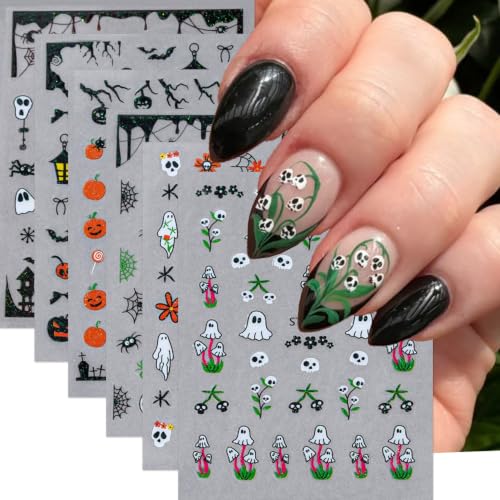 Halloween Nail Art Sticker Pumpkin Nail Sticker 6Pcs Horror 3D Self-Adhesive Ghost Skull Spider Web Bat Nails Pumpkin Decals Skeleton Castle Nail Supplies Accessories for Halloween Manicure Decoration - color: Pumpkin Face