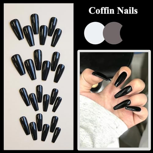MISUD Press on Nails - Long Coffin Fake Nails with Goth Black, Acrylic Gothic Design 24 pcs - color: 019A05-12Black