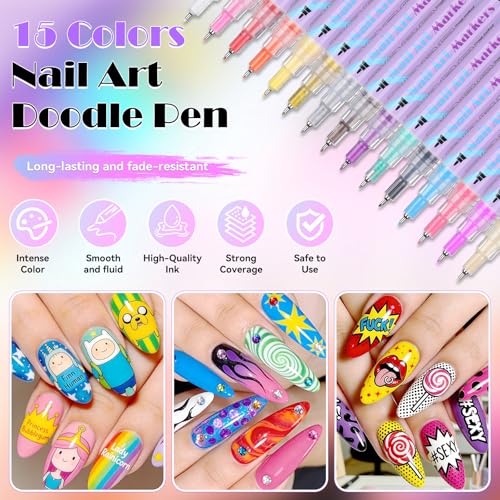 PFARRER 15 Colors Nail Art Pens Set, 0.5mm Fine Tip, Quick Dry - size: 15-piece set